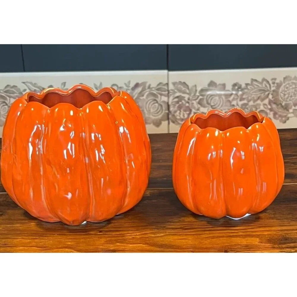 Set of 2 Orange Ceramic Pumpkin Planters – Fall Halloween Décor